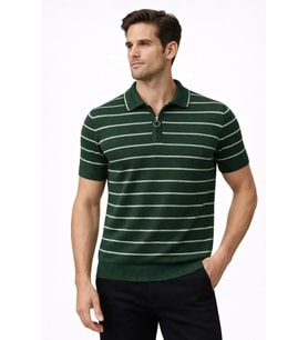 Erkek Triko Polo Yaka Fermuarlı Çizgili Tişört T-Shirt Yazlık Şık - Yeşil