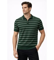 Erkek Triko Polo Yaka Fermuarlı Çizgili Tişört T-Shirt Yazlık Şık - Yeşil