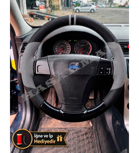 Volvo C70 Dikme Direksiyon Kılıfı Delikli Deri Parlak Siyah Gri Detay Çift Yüzük ve Dikiş 2006-2013