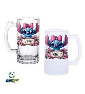 Kişiye Özel Stitch Kulplu Bira Bardağı Buzlu veya Şeffaf Seçenekli 0319