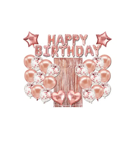 Lüks Happy Birthday Rose Gold Folyo Balon, yıldız Ve Kalp Folyo Ve Şeffaf Balonlu Doğum Günü Seti