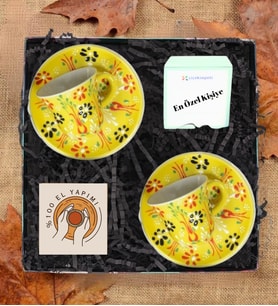 Kütahya Çini Kabartmalı 2'li Kahve Fİncanı - %100 El Yapımı (Sarı)