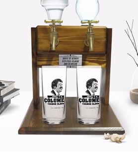 BK Gift Kişiye Özel Renkli Baskılı Çünkü Sen Çölüme Yağmur Oldun Tasarımlı İkili Rakı Bardağı ve Çift Musluklu Doğal Ahşap Rakı Standı-8 (Model 1)