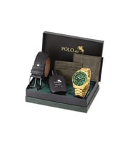 Polo Air Mercek Takvimli Erkek Kol Saati Cüzdan Kemer Kartlık Parfüm Seti Gold Yeşil Renk PL-7073E8 (Yeşil-Altın)