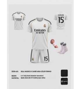 Real Madrid Arda Güler Yeni Sezon 15 Numara Forması 2025-2026 Üst+Alt+Çorap+Bileklik Set (Beyaz)
