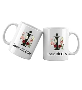 İ Harfli Kişiye Özel İsimli Porselen Kupa Bardak – Çiçekli Monogram Harf Tasarımlı İsim Yazılı Kişiselleştirilebilir Hediye Kupa (Beyaz)