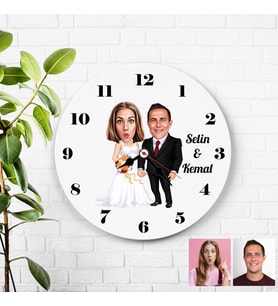 Karikatürlü Damat ve Gelin Özel Kişiye Özel Duvar Saati