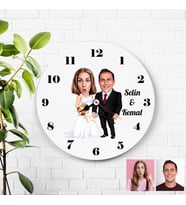 Karikatürlü Damat ve Gelin Özel Kişiye Özel Duvar Saati