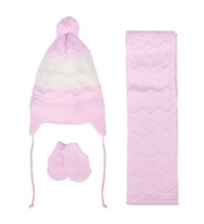 Kız Bebek Pembe Beyaz Dalga Desenli Triko Atkı Bere Set