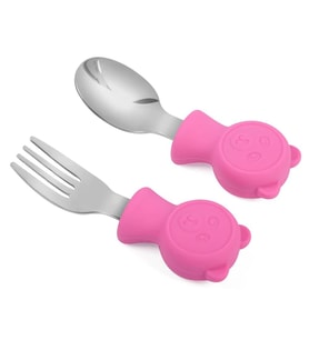 Valkyrie 304 Çelik Panda Bebek Kaşık Çatal SetiSilikon Saplı BPA İçermez Ergonomik Kaymaz Fuşya