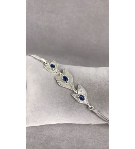 Telkari Safir Taşlı Parmak İzi Yaprak Gümüş Kadın Bileklik