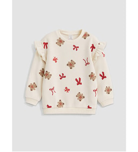 LCW baby Ekru Bisiklet Yaka Fırfırlı Desenli Kız Bebek Sweatshirt