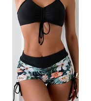 Angelsin Büzgü Ayarlı Baskılı Deniz Şortu Bikini Alt (Siyah)