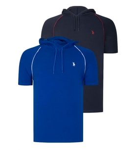 İKİLİ SET T8570 DEWBERRY KAPŞONLU ERKEK T-SHIRT-LACİVERT- SAX