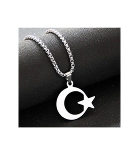 Erkek Ay Yıldız Detaylı Çelik Kolye (Gümüş)