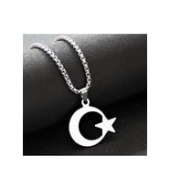 Erkek Ay Yıldız Detaylı Çelik Kolye (Gümüş)