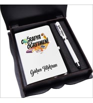 Coğrafya Öğretmeni Ahşap Kutuda Defter Kalem Seti