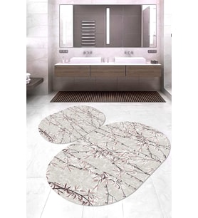 Dijital Baskılı Kaymaz Taban Yıkanabilir Oval 2'li Klozet Takımı Banyo Paspası NOKZ-HT-353 (Krem)