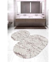 Dijital Baskılı Kaymaz Taban Yıkanabilir Oval 2'li Klozet Takımı Banyo Paspası NOKZ-HT-353 (Krem)