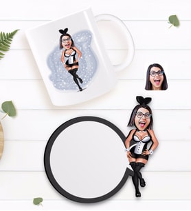 BK Gift Kişiye Özel Tavşan Kız Karikatürlü Beyaz Kupa ve Ahşap Bardak Altlığı Hediye Seti-1