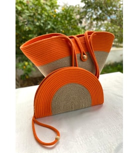 Turuncu Kordon İp El Askılı Clutch Çanta Takım