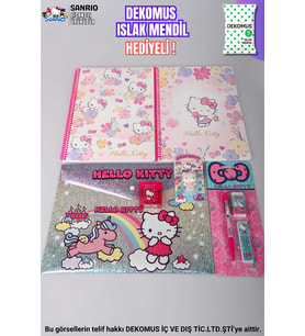 "DEKOMUS ISLAK MENDİL HEDİYELİ" LİSANSLI HELLO KITTY 8 PARÇA KIRTASİYE SETİ 2 ADET ÇİZGLİ A4 DEFTER,VERSATİL UÇLU KALEM,SİLGİ,DOSYA (Krem)