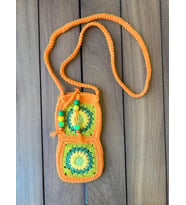 El Yapımı Granny Square Telefon Çantası - Turuncu Bohem Omuz Askılı Çanta