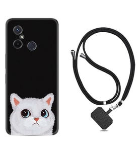 Xiaomi Redmi 12C Kılıf Resimli Boyun Askılı İpli Desenli Silikon Series White Cat 1835