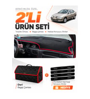 RENAULT MEGANE 1 (1995-2003) Uyumlu Torpido Örtüsü + Deri Bagaj Çantası + Sticker Seti - Siyah Kırmızı