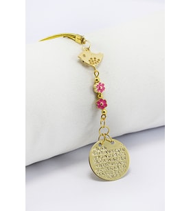 Metal Kuş Pembe Çiçekler Gold Renkli Metal Ayet'el Kürsi Araba Dikiz Ayna Süsü
