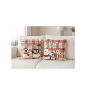 yılbaşı Temalı 2'i Kadife Kırlent Kılıfı 43x43 cm Nakış Görünümlü Set Dijital Baskılı (Yılbaşı Kırmızısı)