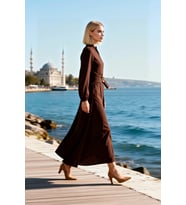 Kadın Maxi Elbise Yaka Uzun Kol Dokuma Görünümlü Skater Kesim Düz Desen Astarsız Günlük