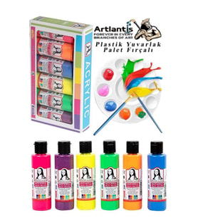 Monalisa Akrilik Boya 6 Renk x 70 ml Fosforlu Neon Renkler 1 Paket ve Yuvarlak Resim Paleti Fırçalı 1 Paket 10 Hazneli Boya Paleti Sanatsal Boyalar İçin Palet Akrilik Boya (Beyaz)