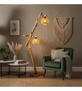 Celestia Home 2'li Başlıklı Halat Detaylı Kütük Ahşap Katlanır Lambader Sehpalı / Raflı Rustik, Bohem ve Iskandinav Tarzı Köşe Yer Lambası