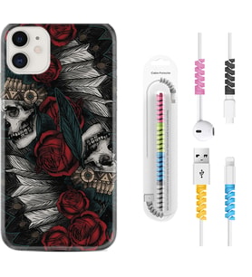 Apple iPhone 11 12 13 Mini Kılıf Kablo Koruma Spiral Silikon Skull Rose 1673