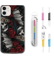 Apple iPhone 11 12 13 Mini Kılıf Kablo Koruma Spiral Silikon Skull Rose 1673