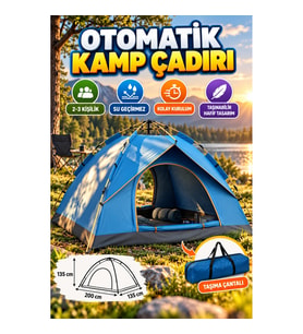 2-3 Kişilik Otomatik Kamp Çadırı 200x135x135 cm – Su Geçirmez Taşınabilir Kolay Kurulum