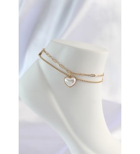 316L Çelik Gold Renk Beyaz Kalpli 2li Halhal 5886 - GLST6451-2373