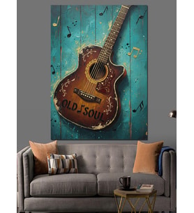 Eskitme Mavi Gitar Çizimi Dekoratif Kanvas - Mdf Ahşap Tablo
