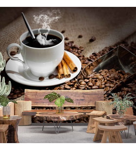 Fincan ve Kahve Çekirdeği Temalı Cafe Duvar Kağıdı Baskı