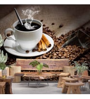 Fincan ve Kahve Çekirdeği Temalı Cafe Duvar Kağıdı Baskı