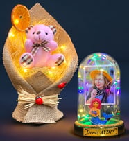 Size Özel Renkli Led Işıklı Fanus ve Led Işıklı Pembe Ayıcık Buketi Hediye Seti (Model 8)