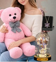 Pembe Peluş Ayıcık Size Özel Led Işıklı Fanus ve Gerçek Ametist Taşlı Lotus Kolye Seti (Model 2)