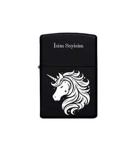 Unicorn Desenli Kişiye Özel İsimli Benzinli Siyah Metal Çakmak