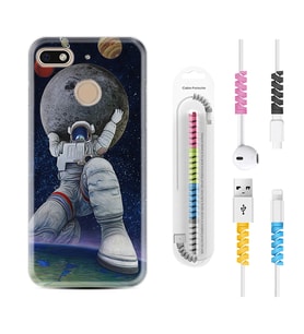 General Mobile GM8 Go GM9 GM20 Pro Plus Kılıf Kablo Koruma Spiral Silikon Astronot ve Dünya 1759