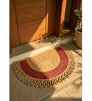 Yarım Ay Jüt Paspas El Yapımı Doğal Karşılama Paspası Jüt Kapı Önü Paspası Banyo ve Balkon Kilimi Karavan Tekne Ev Ofis Otel Yurt Dekorasyonu (KIRMIZI-ŞERİT, 65 X 90 CM)
