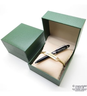 Kişiye Özel Full Gold Krom Metal Unisex Bileklik + İsme Özel Mini Cep Kalemi - Hediyelik Kutulu Set (Karışık)
