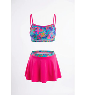 Endeep Kız Çocuk Pembe Bustiyer Etekli İki Parça Desenli Desenli Mayo Bikini Takımı (Pembe-Mavi)