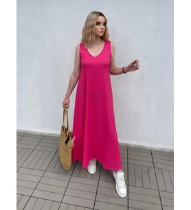 Kadın Sıfır Kol Bürümcük Kumaş Yazlık Uzun Elbise Pembe