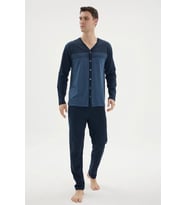 LYYN Dm-26104 V Yaka Boydan Düğmeli Pijama Takımı (İndigo)